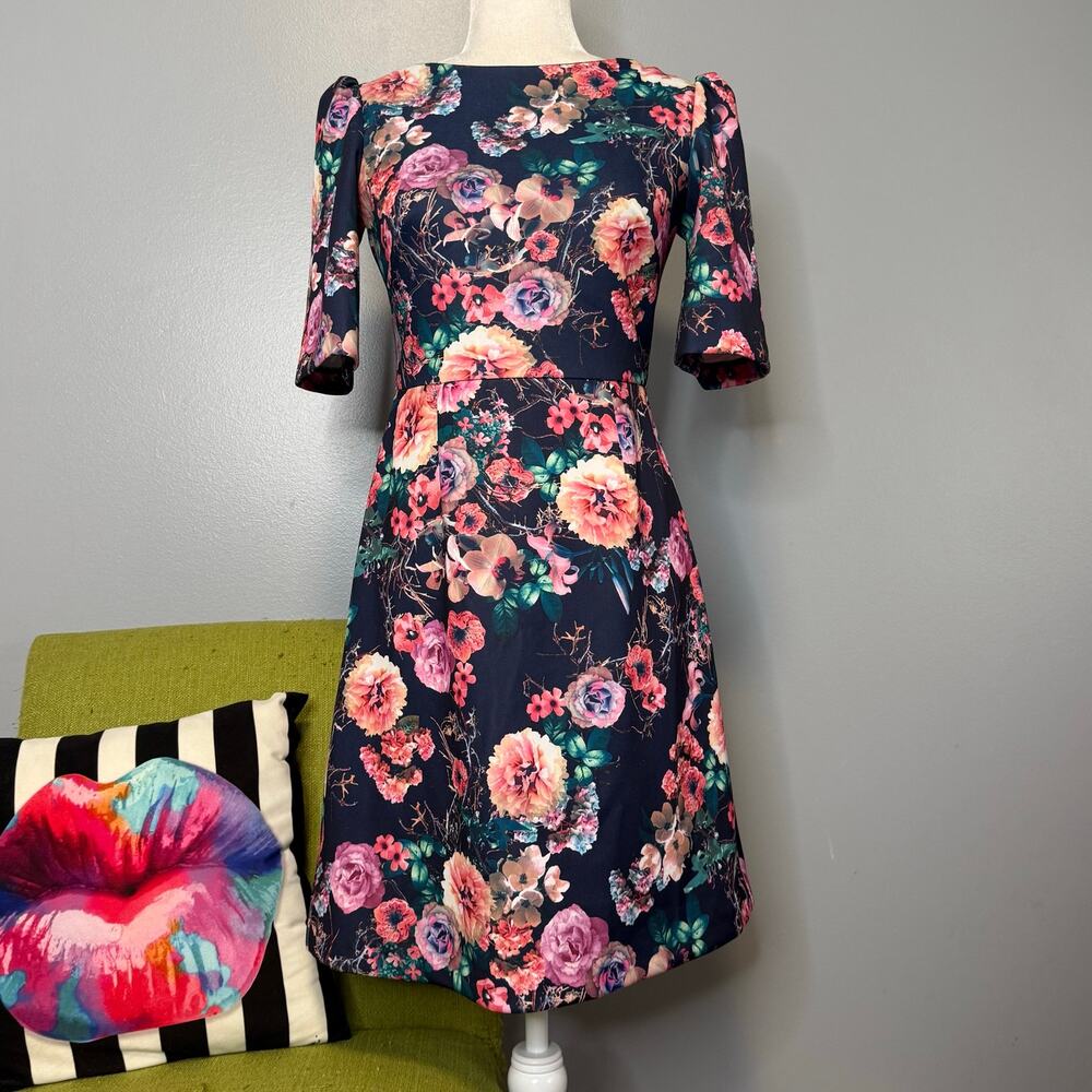 Betsey Johnson Blue Pink Floral A-Line Cocktail Dress 2
